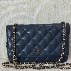 Chanel Quilted Cavier Wallet On Chain  Crossbody Bag Navy
